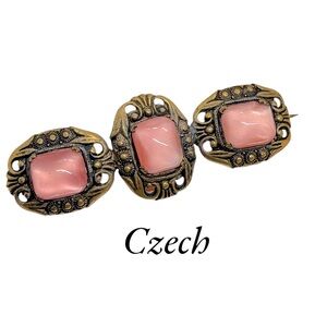 Vintage Hallmarked Czecho Pale Pink Opalescent Glass Cabochon Brooch